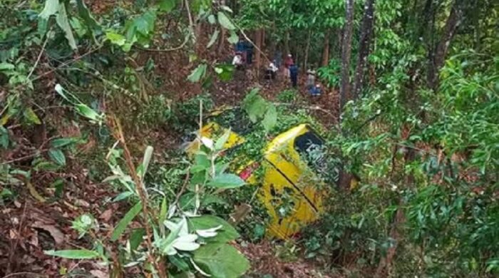 বান্দরবানের সুয়ালকে খাদে পড়ে যাওয়া সৌদিয়া পরিবহনের পর্যটকবাহী বাস।