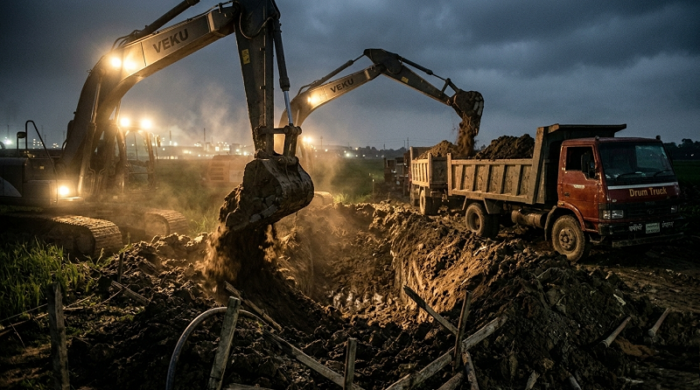 গাজীপুরের ইসলামপুর ও কারখানা বাজার এলাকায় রাতের আঁধারে ভেকু দিয়ে মাটি কাটার দৃশ্য।
