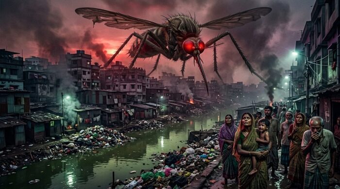 মশার প্রজনন উৎস ড্রেন ও জলাশয়ে মশক নিধন কার্যক্রমের ব্যর্থতা এবং মশার ভয়াবহতার প্রতীকী ছবি।