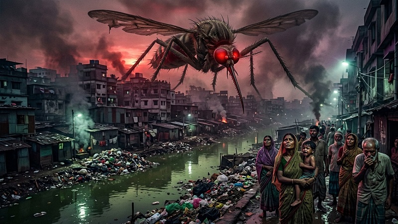 মশার প্রজনন উৎস ড্রেন ও জলাশয়ে মশক নিধন কার্যক্রমের ব্যর্থতা এবং মশার ভয়াবহতার প্রতীকী ছবি।