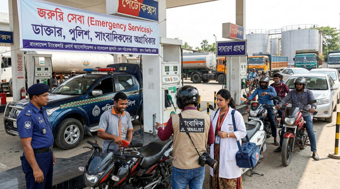 ফিলিং স্টেশনে জ্বালানি তেল সংগ্রহের দৃশ্য এবং জরুরি সেবার অগ্রাধিকার সংক্রান্ত ব্যানার।